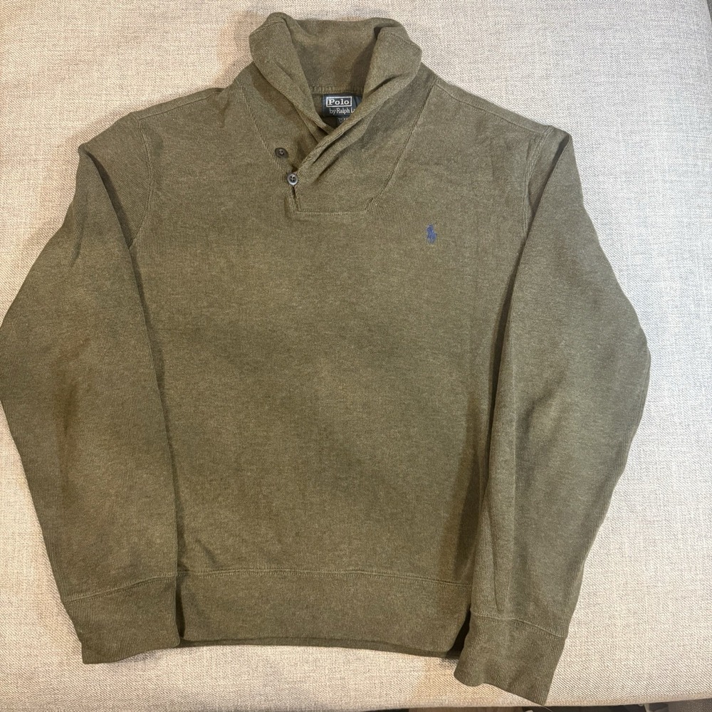 Polo Ralph Lauren Mens L Olive Green Cotton Mock Neck Sweater Blue Pony